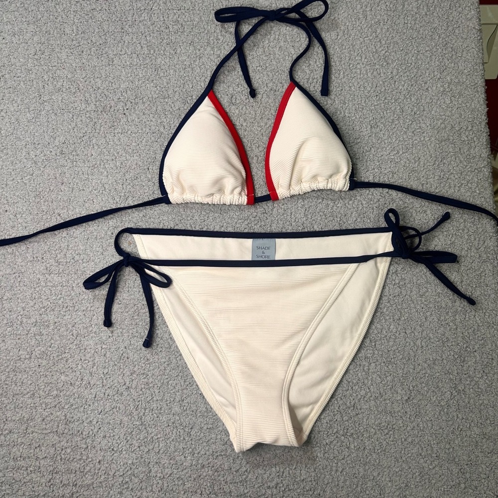 Shade & Shore Bikini Set Triangle Side Tie S/M Red White Blue Preppy Coastal